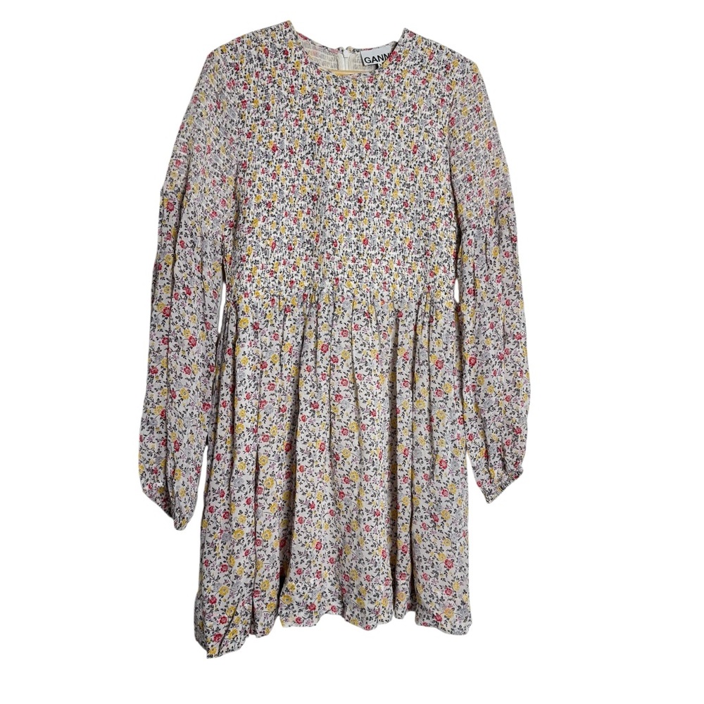 Ganni Cream Mini Dress with Pink & Yellow Floral Motif